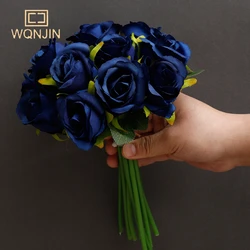 WQNJIN Artificial Flower Bouquet 12 Heads Silk Rose Blue Flower Fake Rose Bunch Wedding Party Home Table Gift Decoration