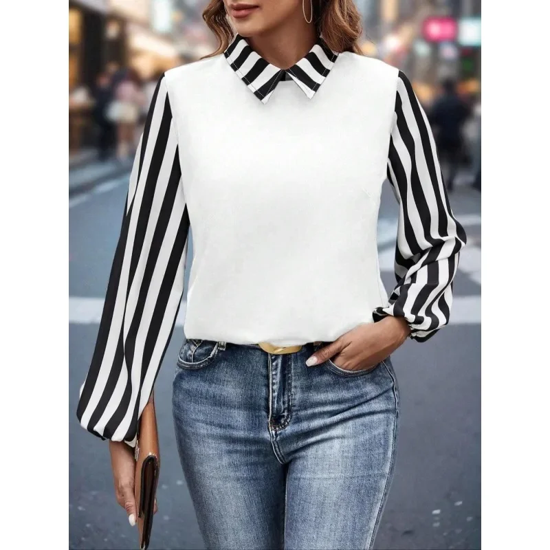 

Autumn Women's Striped Collared Long Sleeve Casual Two-In-One Shirt Comfortable Fashion Design