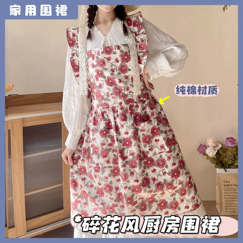 Cotton apron cute princess style wearing small floral apron outside fashionable thin style ins high beauty home use P2