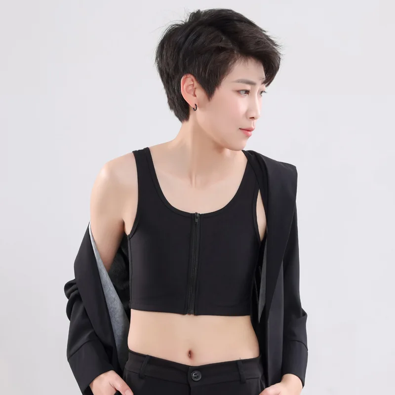 Chest Breast Binder Trans Crop Top Bandage Front Zipper Flat Breast Mesh Back Corset Stretch Body Shaping Les Female Bra Tank