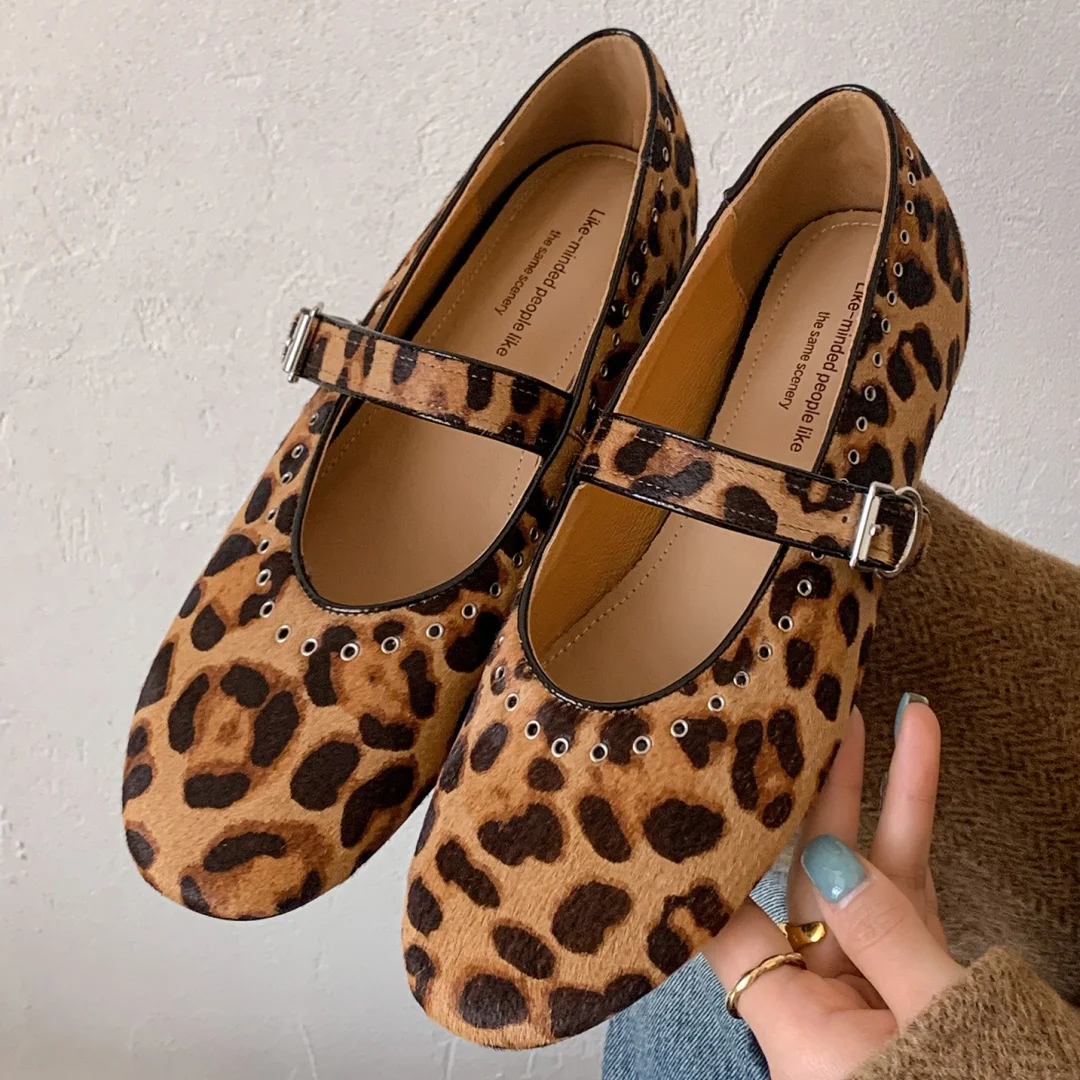 2025 sSpring new women's leopard horsehair rivet Mary Jane ballet flats high quality soft comfortable elegant ladies slim shoes