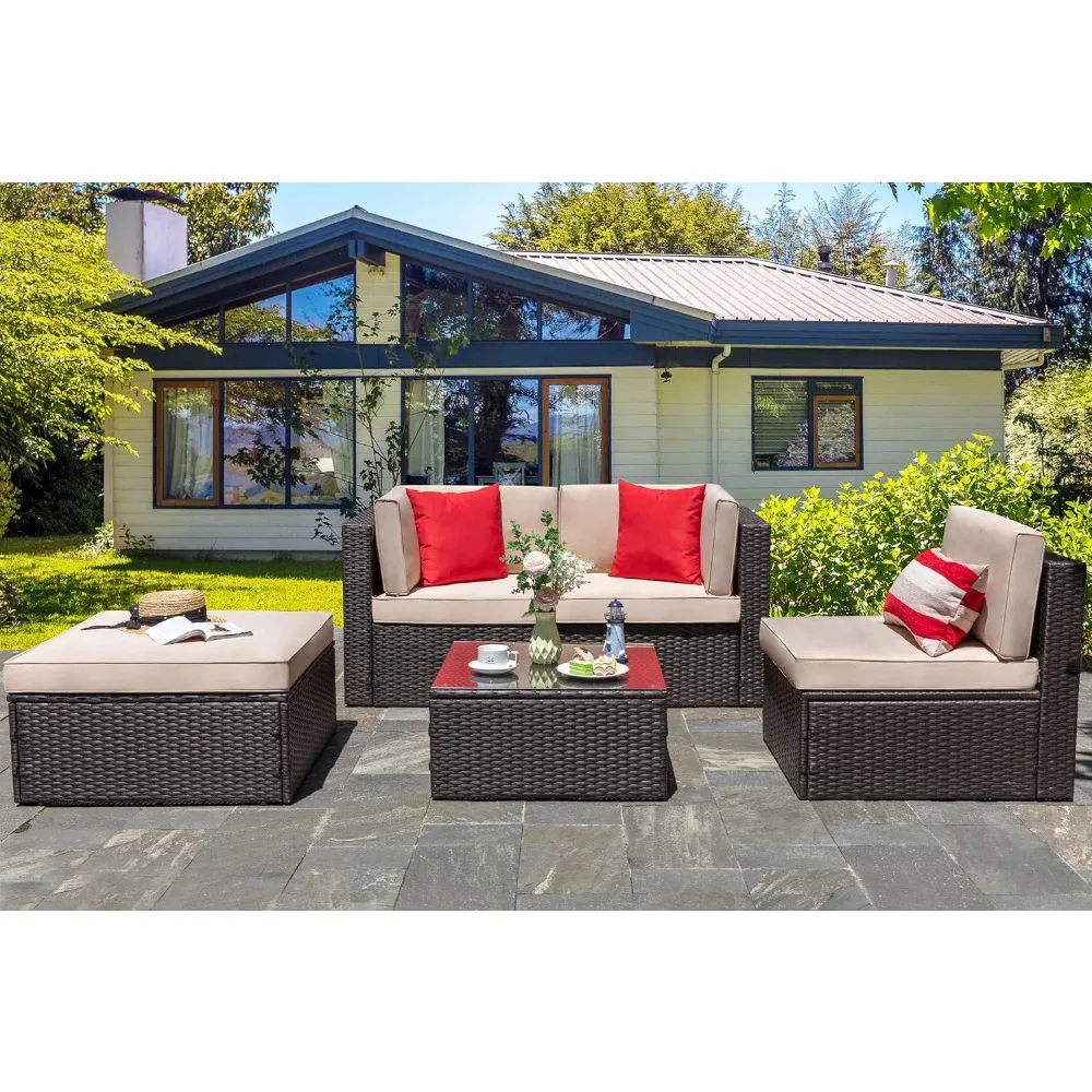 

5-piece terrace furniture set, all-weather PE rattan outdoor sofa, small terrace conversation set