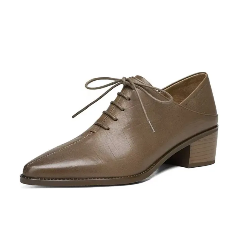 Dilalula Hot Sale Genuine Leather Pumps Women Pointed Toe Med Thick Heels Lace Up Office Ladies Soft Back Leather Shoes 2025