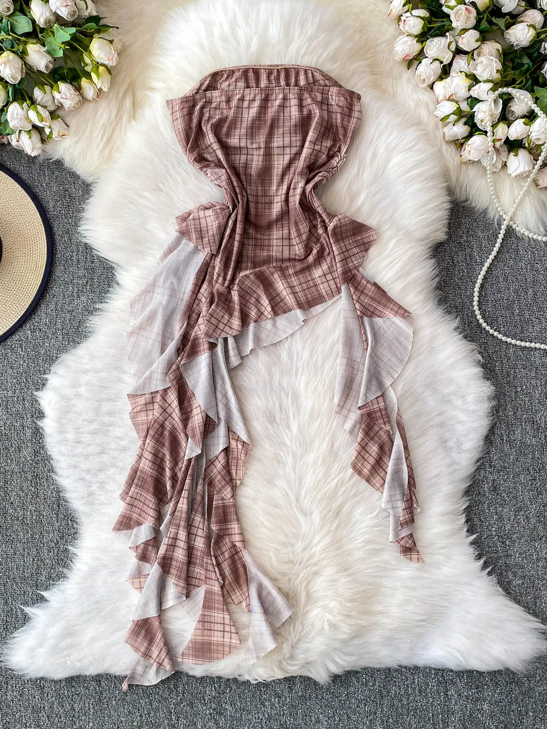 アメリカンスタイルの星柄プリントクロップトップ、レディーススリムフィットサマーアシンメトリープレイドベストデザインセンセーションストラップレスボディスーツ