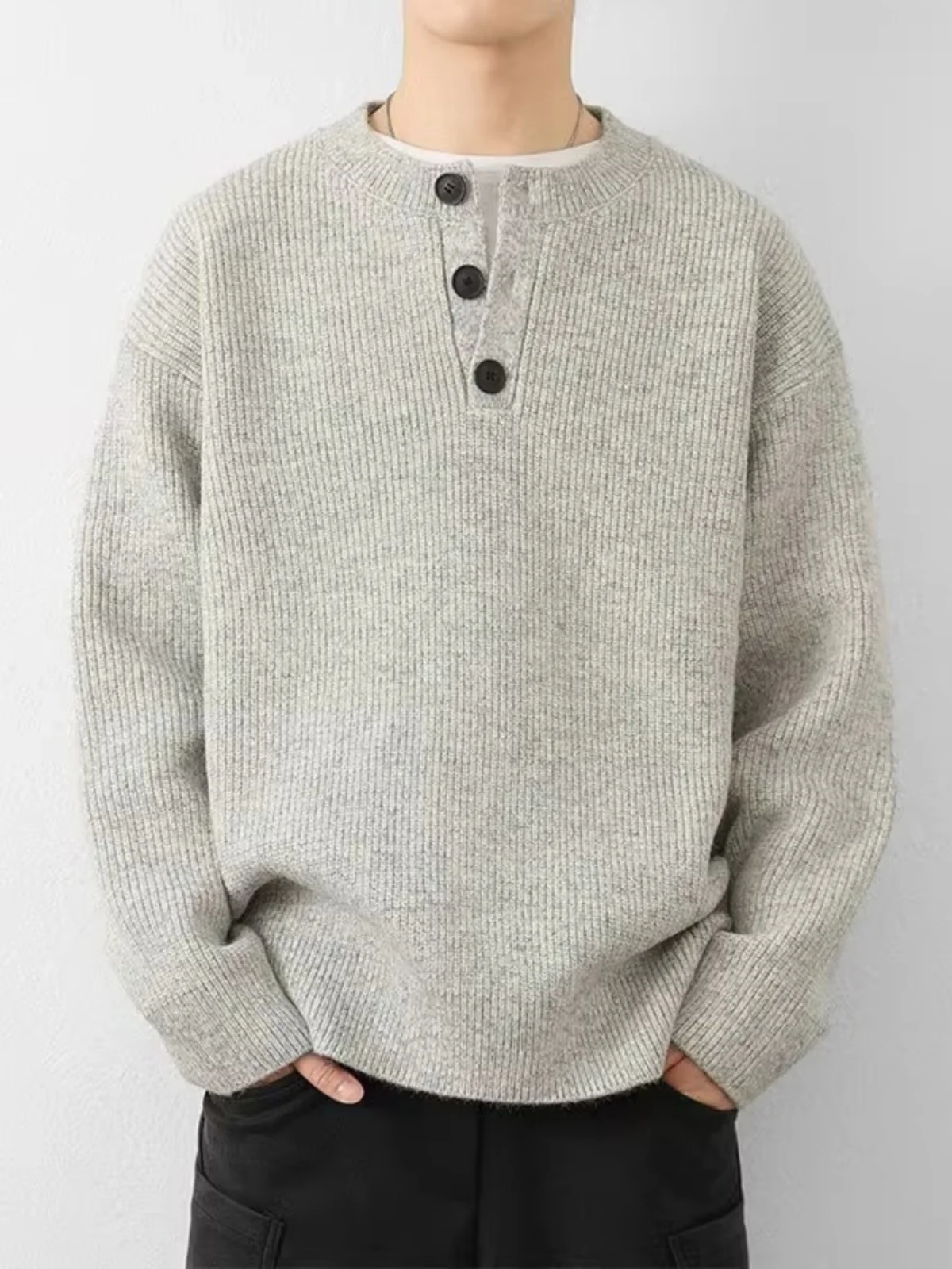 

Мужской свитер свободного кроя с воротником хенли на пуговицах, модный брендовый осенне-зимний джемпер для молодежи, повседневный, с длинным рукавом