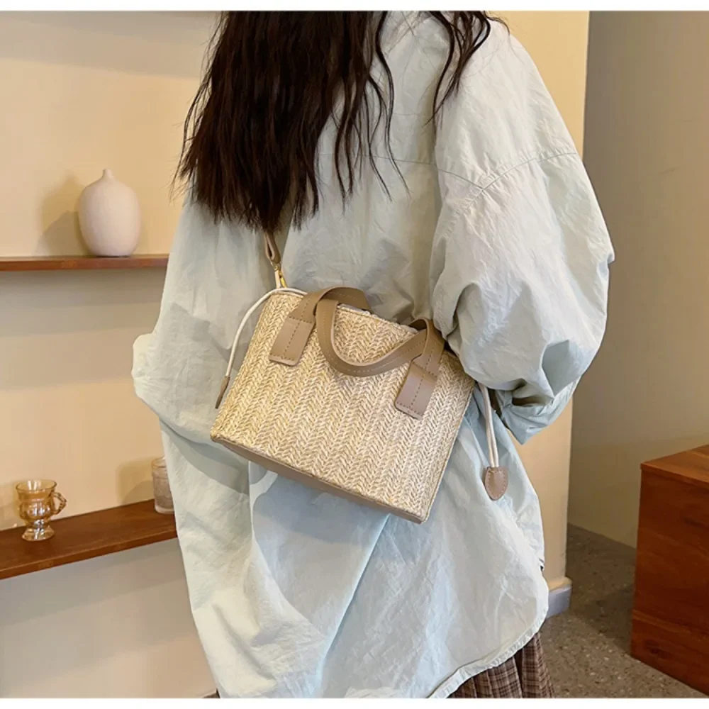 Bolso tejido de paja con forma cuadrada para mujer, bolsa de viaje para playa, novedad
