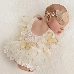 Ylsteed Newborn Photography Outfit Baby Girl Butterfly Glitter Star Lace Romper with Pearl Headband Infant Photo Props