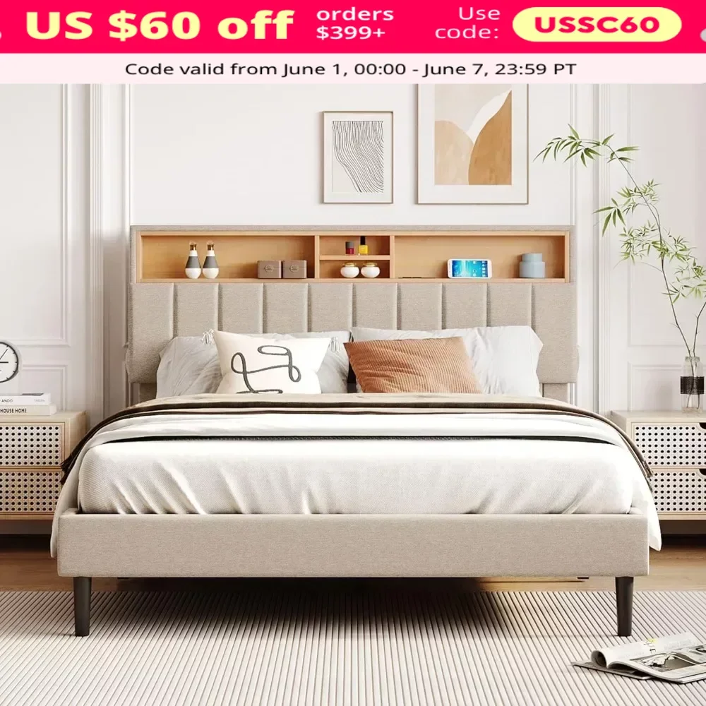 

Bed frame bedroom furniture: headboard with storage and USB ports, full, grey modern upholstered platform bed