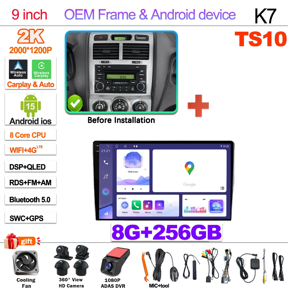 2Din Android 15 Voor Kia Sportage 2 2004-2010 Multimedia Speler Navigatie Carplay Stereo DVD Spiegel Link Stereo Head unit WIFI