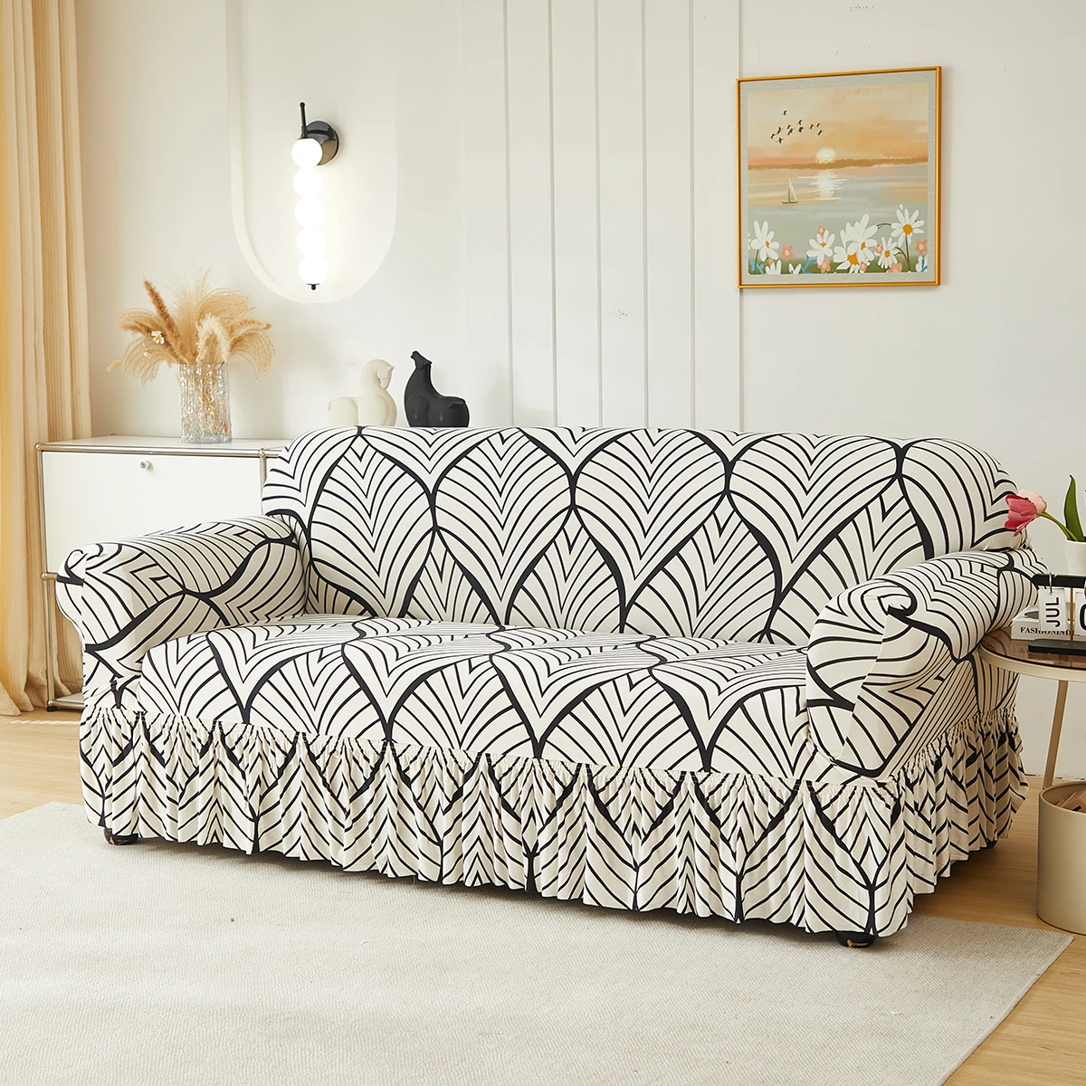 

1pc Printed Skirt Sofa Cover, elastic, anti-slip. Simple, modern, all-season, dust & cat-proof. Retractable, washable, durable.