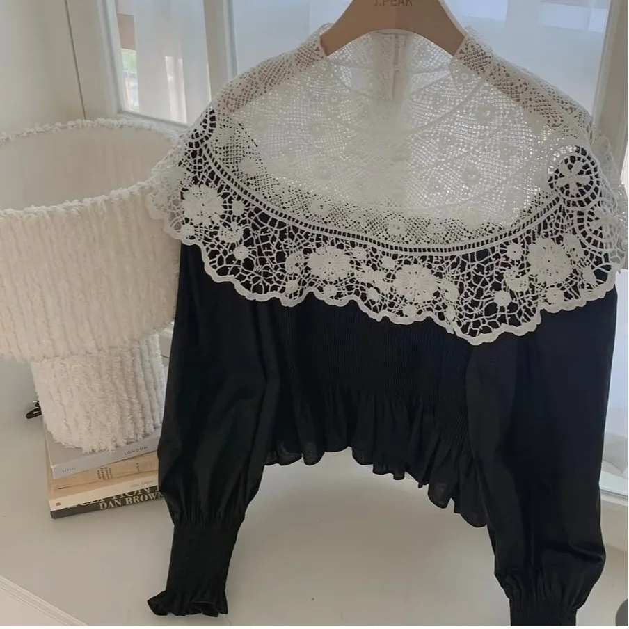 Coreano Sle Chic mujer larga Sve irt pesado bordado encaje empalme dulce corte Sle Top viaje Sle Regular Sve