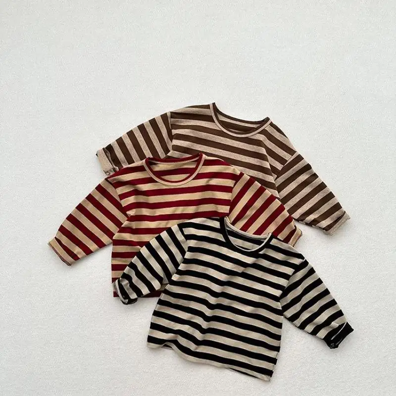 

2025 Autumn New Children Long Sleeve Striped T Shirts Cotton Boys Casual Tee Kids Vintage O-neck Tops Girls Bottoming Shirts