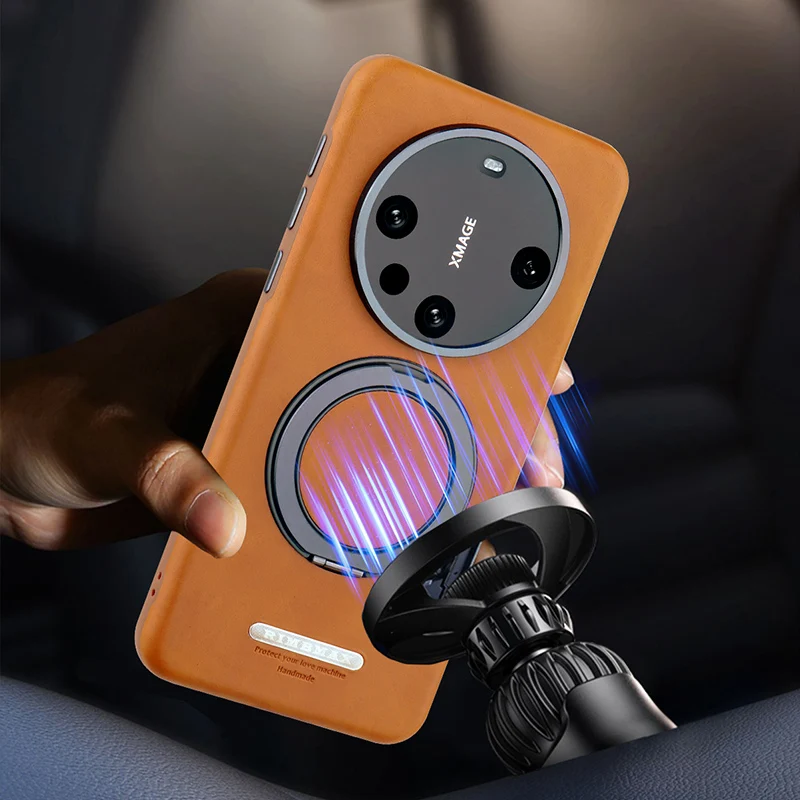 

New For Huawei Mate 60 70 Pro+ Plus Case Premium Vegan Leather Cover With 360 Rotation Strong Magnetic Metal Ring Stand Luxury