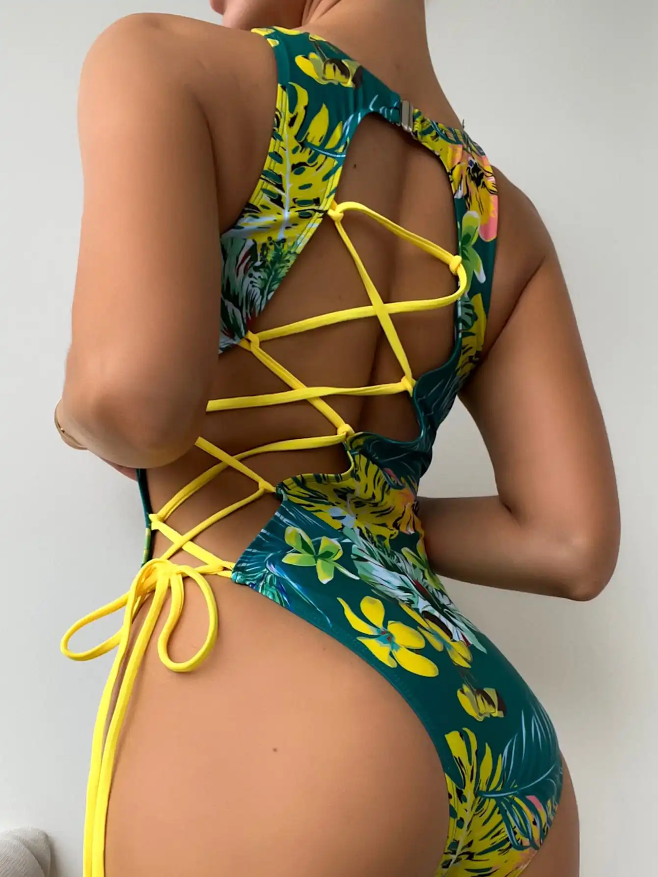 2024 Print Lace Up Back Swimsuit One Piece Solid Swimwear Women Bathing Swimming Suit Female Padded Summer Beachwear Bodysuit