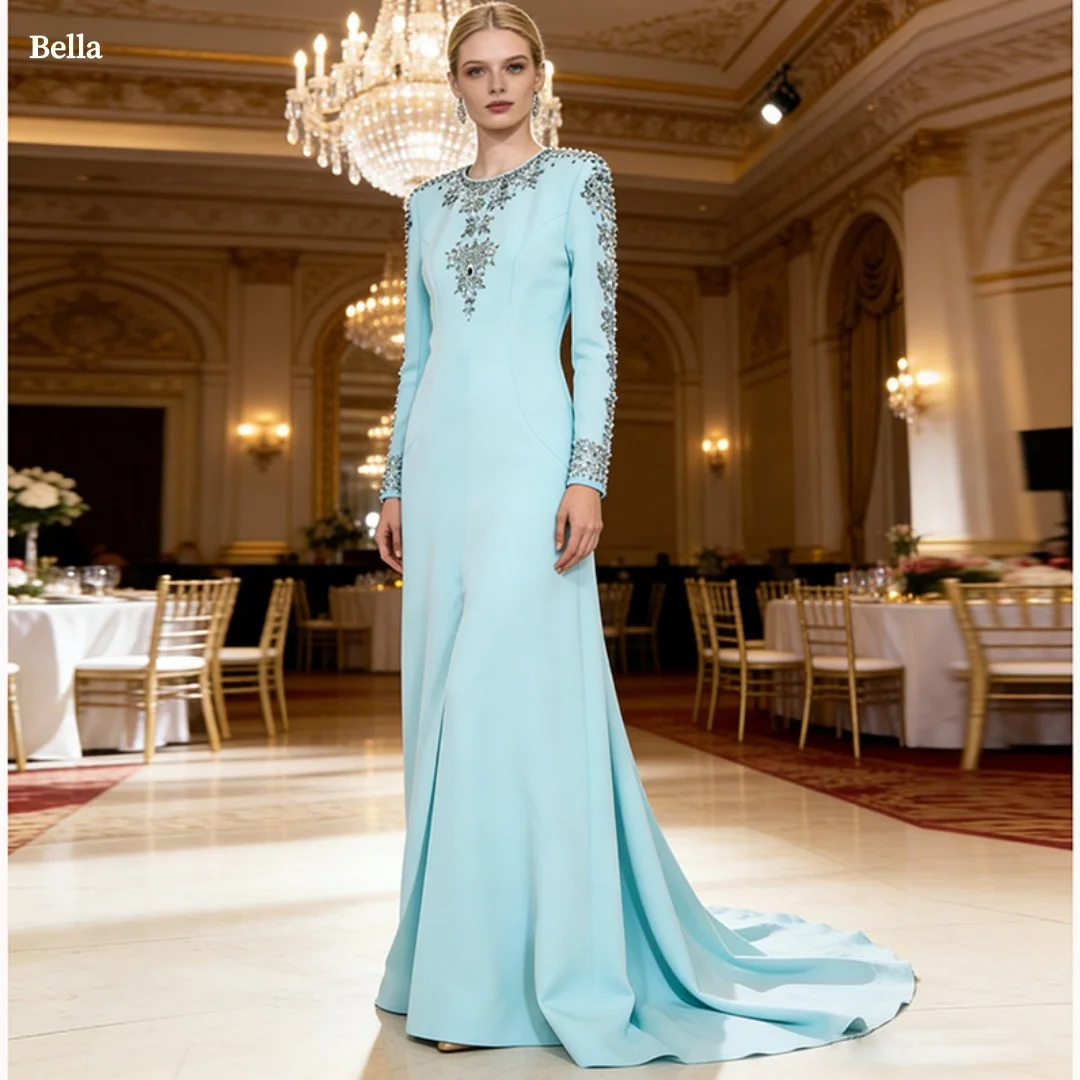

Bella Customized Light Blue Long Sleeve Prom Dress Beaded Decor robes de soirée Elegant Party Dresses Floor-Length Formal Gown