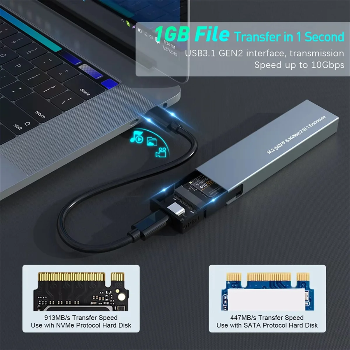 NEUES Dual Protocol M.2 NVMe SSD-Festplattengehäuse 10 Gbit/s USB3.1 Gen2 NVMe-Gehäuse, M2 SATA SSD-Gehäuse für 2230/2242/2260/2280 B