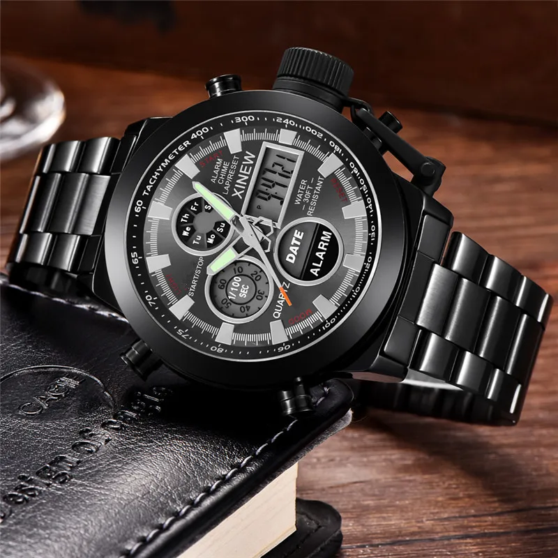 Men Genuine XINEW Brand Watches Fashion Alloy Band Dual Time Sports Chronograph Electronic Watch Reloj Hombre Acero Inoxidable