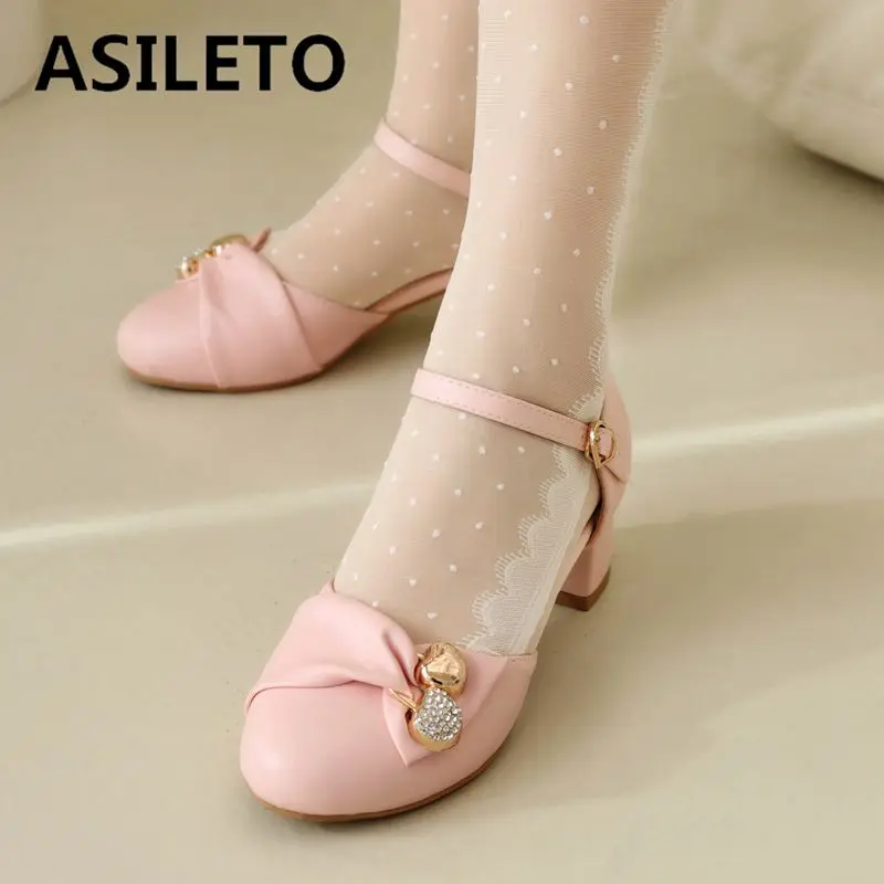 ASILETO Korean Girls Pumps Round Toe Block Heels 4cm Buckle Strap Metal Decor Big Size 48 49 50 Sweet Lolita Style Shoes 28 29