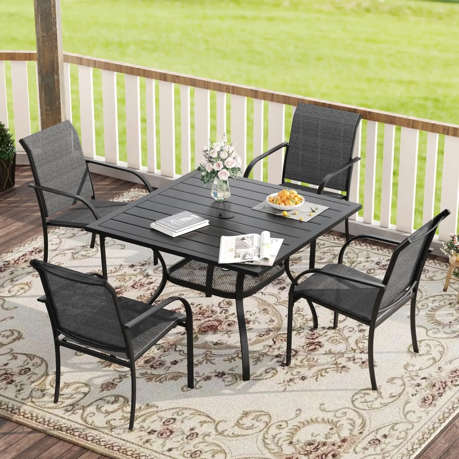 Black Tabletop and Grey Fabric Patio Dining Set for Outdoor - 5 Pieces with 1 Square Table and 4 Stackable Sling Chairs