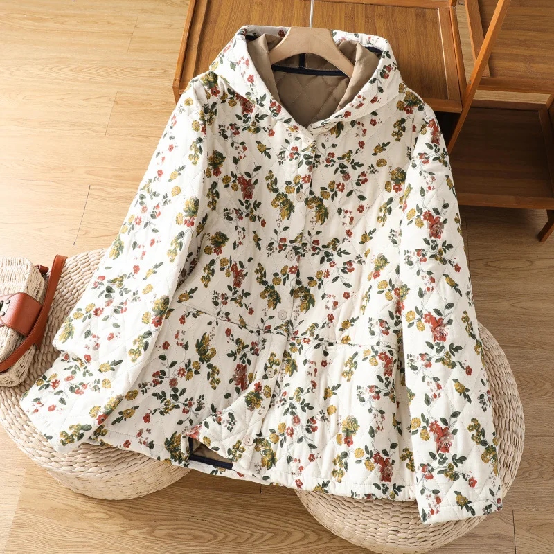 Linen Floral Cotton-padded Clothes Women's 2026 New Literary and Retro Loose Hooded Cotton-padded Thermal Cotton Jacket