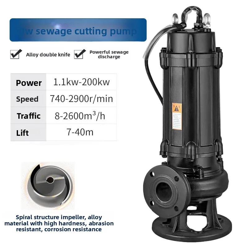 QW Type Iron Submersible Cutting Sewage Pump Electric 2600 Max Flow Rate Low Noise Stable Operation