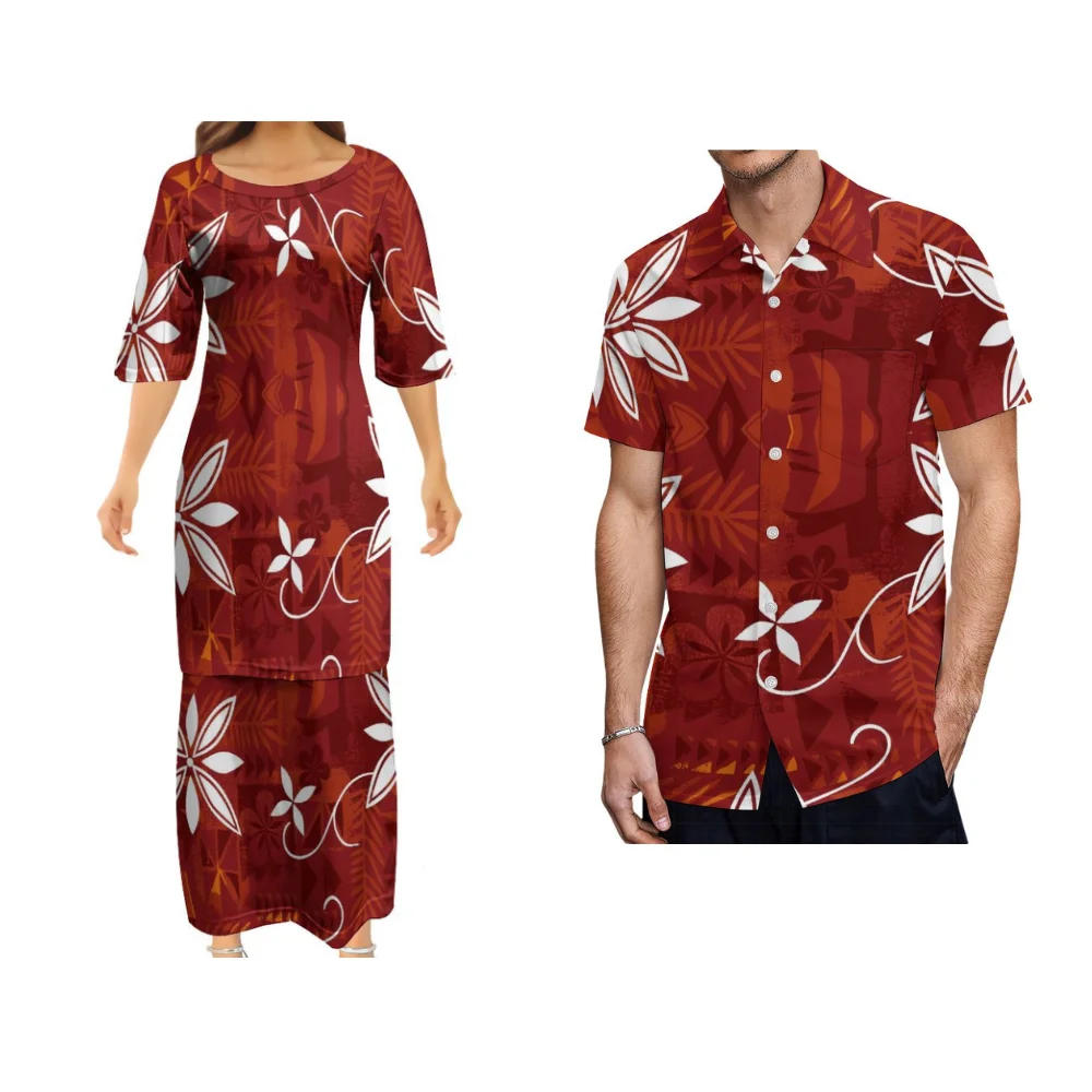 Polynesische Paar Set Custom Tribal Bloemenprint Ontwerp Samoa Dames Club Puletasi Casual Losse Set Rok Heren Zakshirt