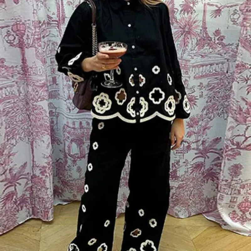 New Flower Hollowed Out Lantern Sleeve Lapel Shirt Straight Leg Pants Set Street Trend