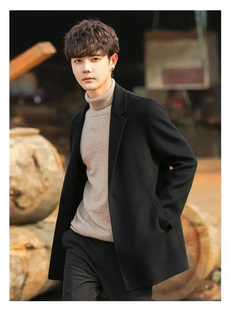 

Wool Blend Coat Long Mans French Parisian Slim-Fit Plaid Checkered Premium Quilted Belted Waist-Cinched Contrasting Modern Style