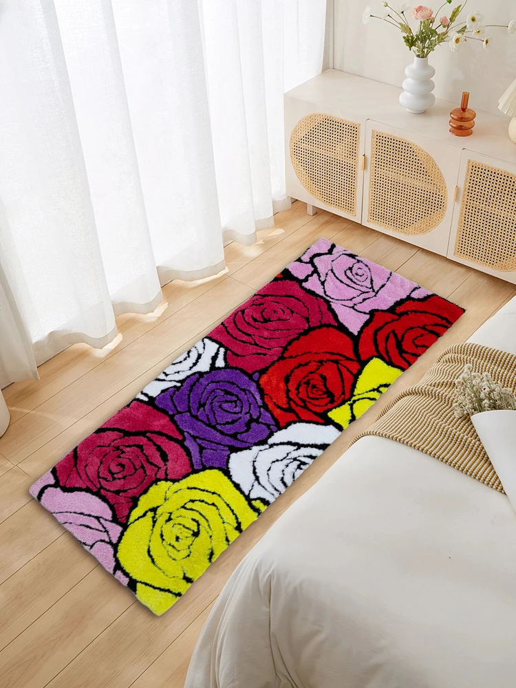 Colorful Rose Tufted Rug Groovy Art Plush Flower Area Rug for Living Room Girl's Bedroom Fluffy Cute Plant Roses Bath Mat