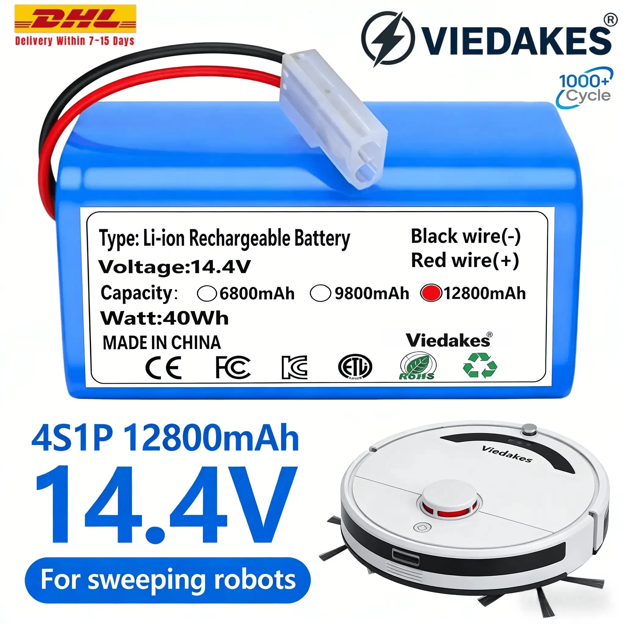 

2026 New 18650 battery pack 14.4V 12800mAh lithium ion battery, suitable for Xiaomi G1 Mi Essential MJSTG1 robot vacuum cleaner▶