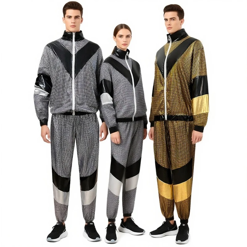 

Retro Disco Jumpsuit Set Neon Grid Joggers Reflective Windbreaker 80s Theme Party Costume for Halloween Stage Shows