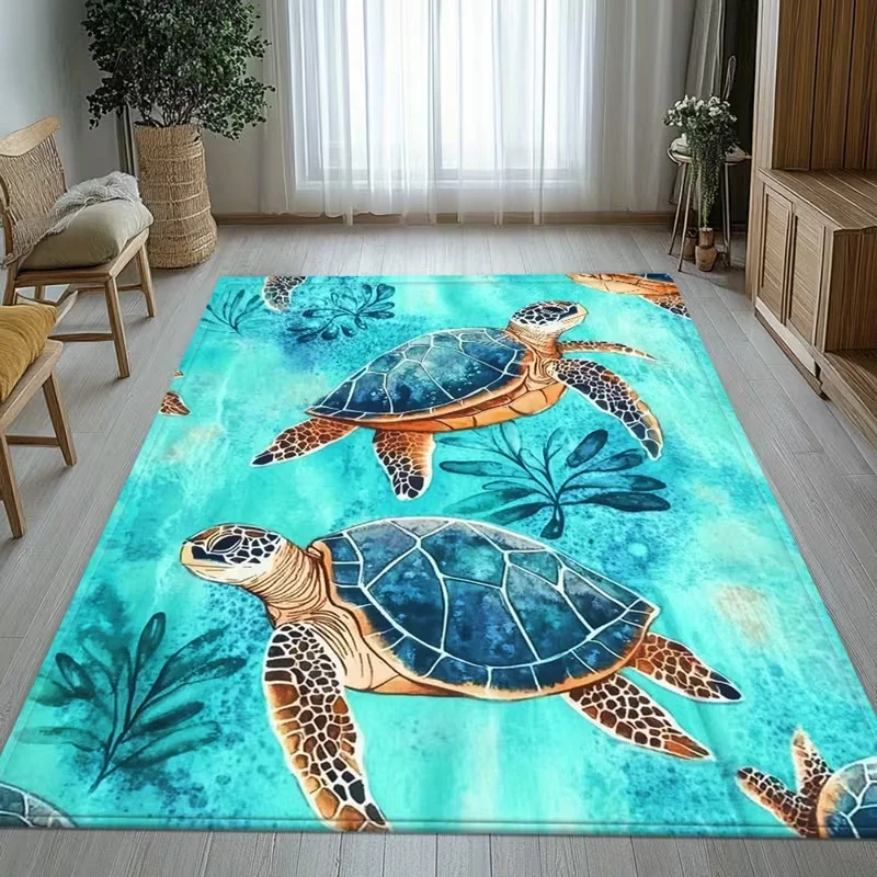 Meeresschildkröten-Teppich für Kinderzimmer, Aquarell-Ozean-Teppich, Niedliche Meereslebewesen-Dekoration, Baby-Spielmatte, Innen- und Außenteppich, Weich und Komfortabel