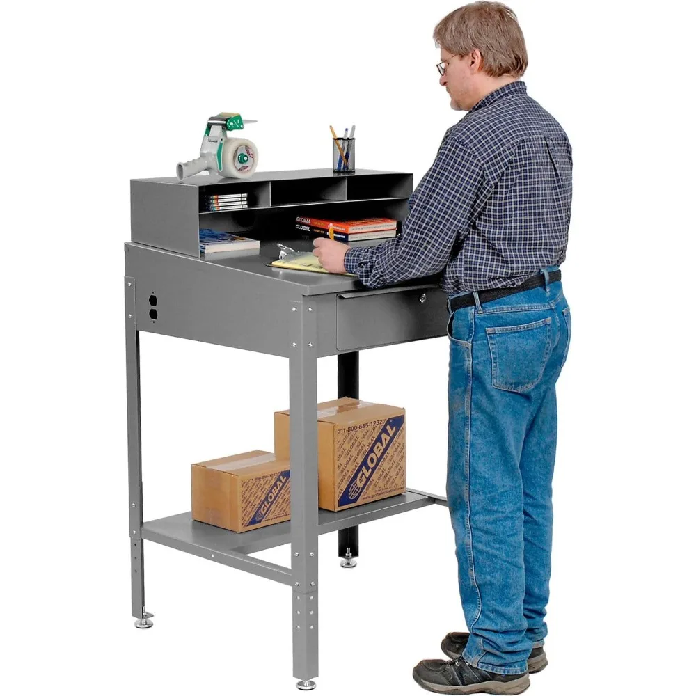 مكتب متجر صناعي منحدر مع مقصورات ثقب الحمام ودرج قفل أسطواني، 34-1/2 عرض × 30 عمق × 38 إلى 42-1/2 ساعة، مسحوق رمادي Coa #3