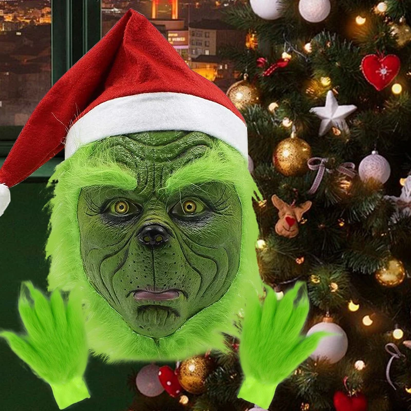 Green Fur Hair Monster Christmas Mask with Red Santa Hat Role Play Halloween Party Props Green Latex Full Head Mask Glove