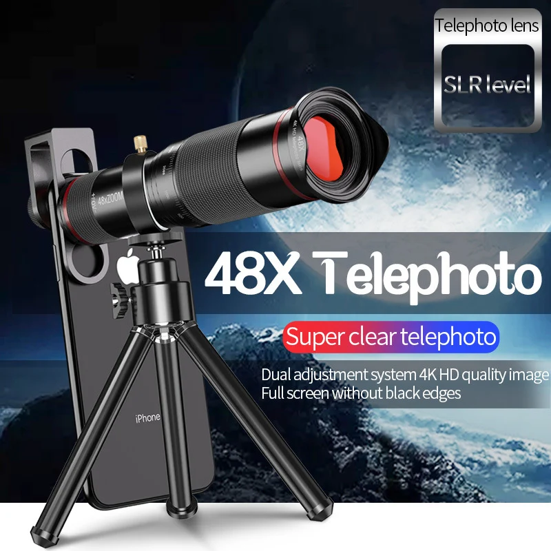 48X Monocular Telescope With Mobile Phone Metal Clip Double Focus Remote Photography Outdoor HD External Camera