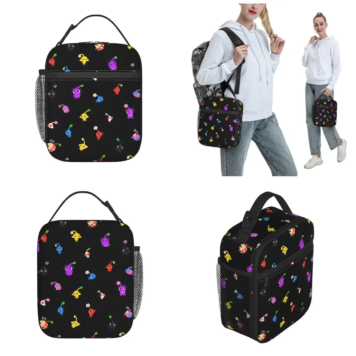 Divertente piccola borsa da pranzo isolata termicamente Pikmin per il viaggio molti Pikmin borsa per alimenti portatile uomo donna scatole per il pranzo termiche più fresche