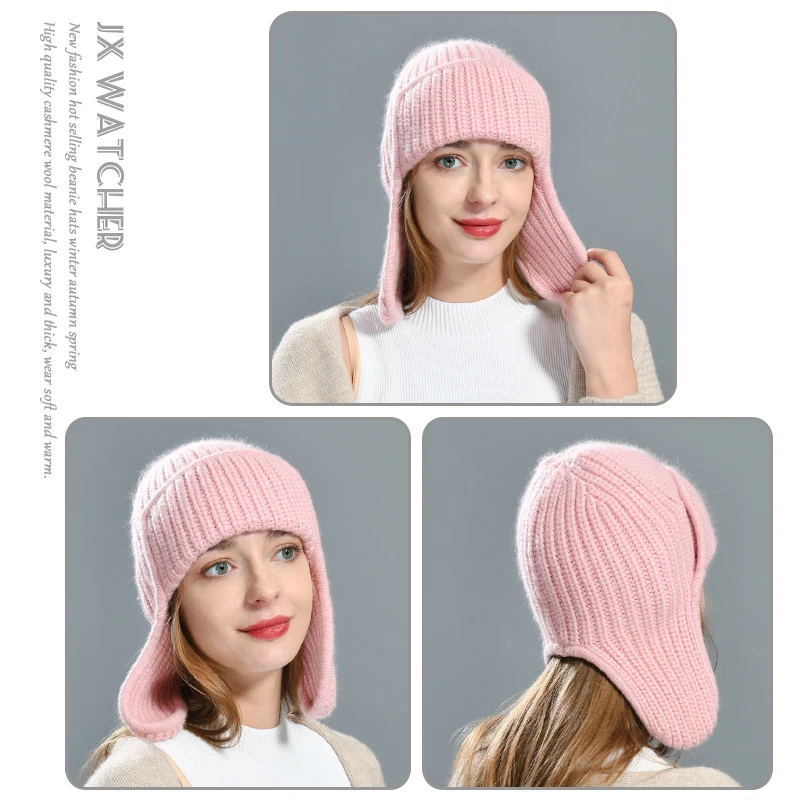 Jxwatcher Women Cashmere Beanie Hat Autumn Winter Solid Comfortable Warm Hat With Earflaps 2022 New Thicken Female Skullies Cap