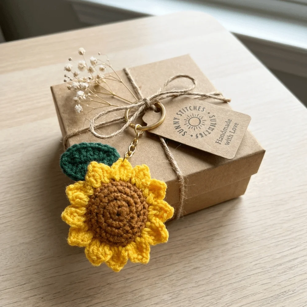 Creative Fabric Crochet Sunflower Pendant With Rope Lobster Clasp Knitted Keychain Cotton Adjustable Bag Lanyard Charm Car Decor
