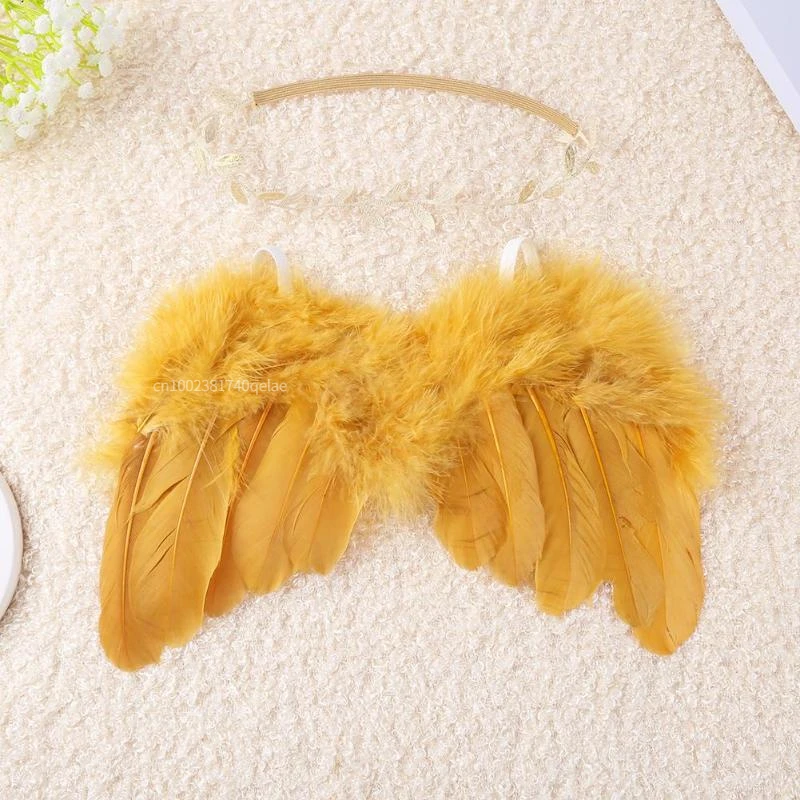 Newborn Photography Props Angel Wings with Leaves Headband Set Photos Props Feather Wing Girls Hair Baby Photography Accessories