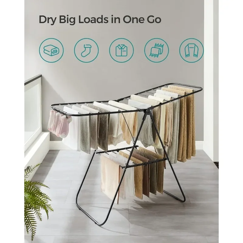 Clothes Drying Rack, Sock Clips, Metal Laundry Rack, Foldable, Space-Saving, Free-Standing Airer, Height-Adjustable Gullwings