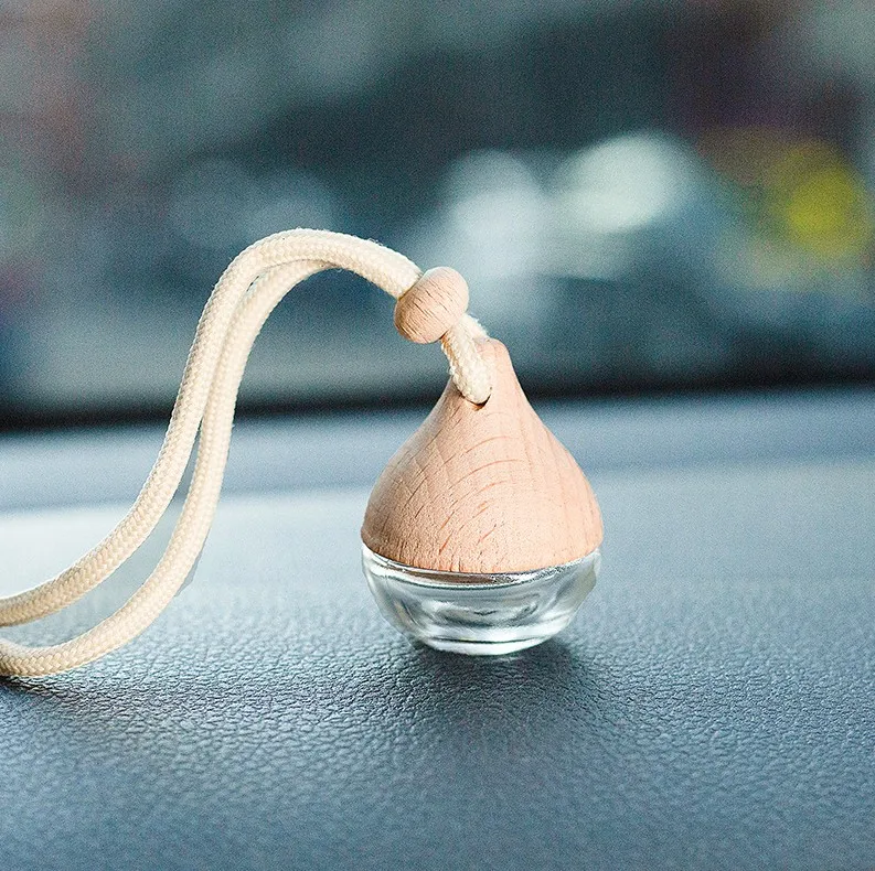 Clear Frosted Water Droplet Shaped Essential Oil Diffuser Car Pendant Perfume Glass Empty Bottle Ornaments With Wooden Lid ni722
