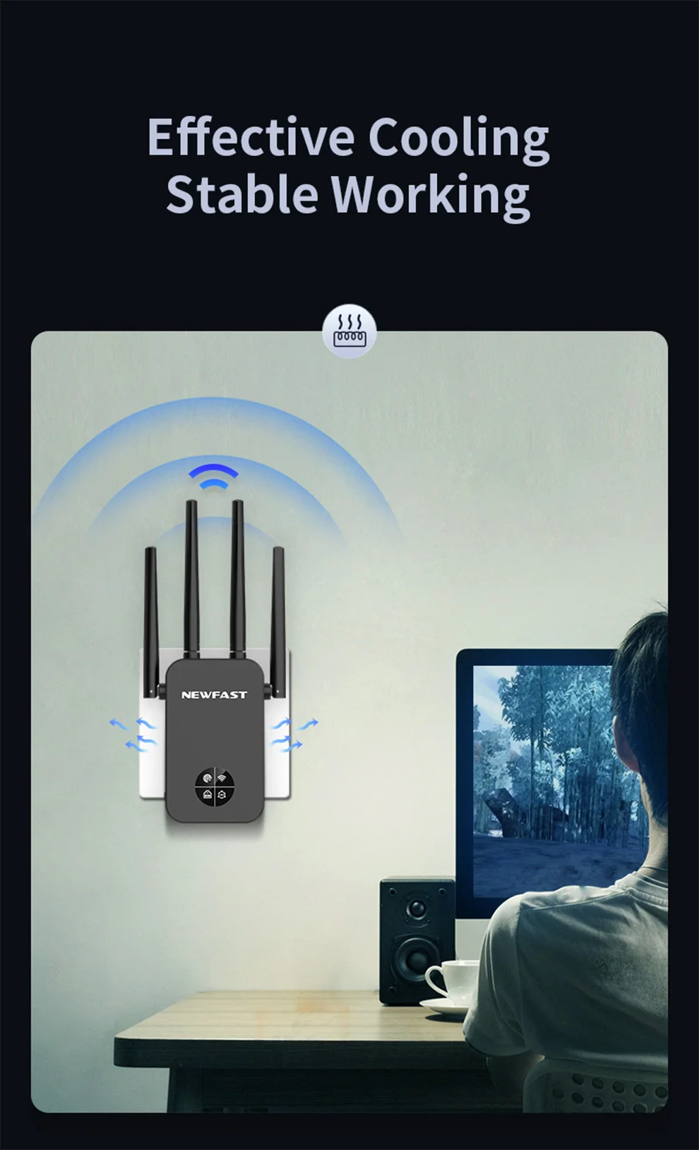 Newfast 1200Mbps WiFi Repeater 2.4G&5G Home Wireless Extender OLED Display 4*3dBi Antennas Signal WiFi Range Amplifier Router/AP