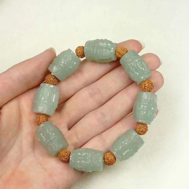 

Natural Xinjiang Hetian Jade Qiemo Blue Four-Sided Guanyin Men's Carving Barrel Shaped Bead Bracelet