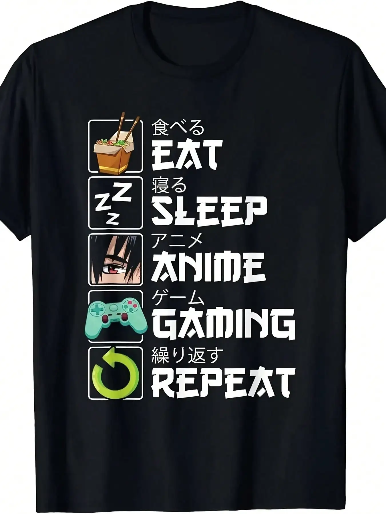 Men's Eat, Sleep, Anime, Repeat Graphic T-Shirt - 100% Cotton, Short Sleeve, Round Neck, Black With Colorful Icons - Casual Summer Wear For Gamers & Anime Fans, Casual Wear Tshirt Graphic Tee Durable Fabric