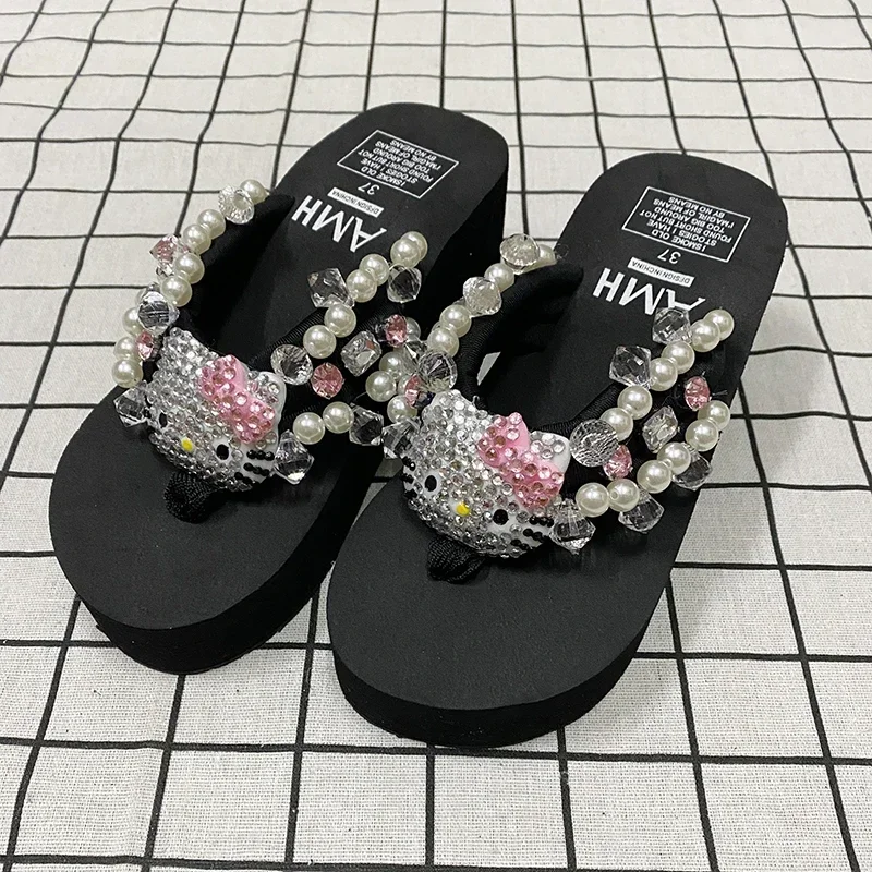 

New Sanrio Hello Kitty Soft Flip Flop Sandals Beach Slides Shoes Women Cute Casual High Platform Slipper Ladies Summer Slippers