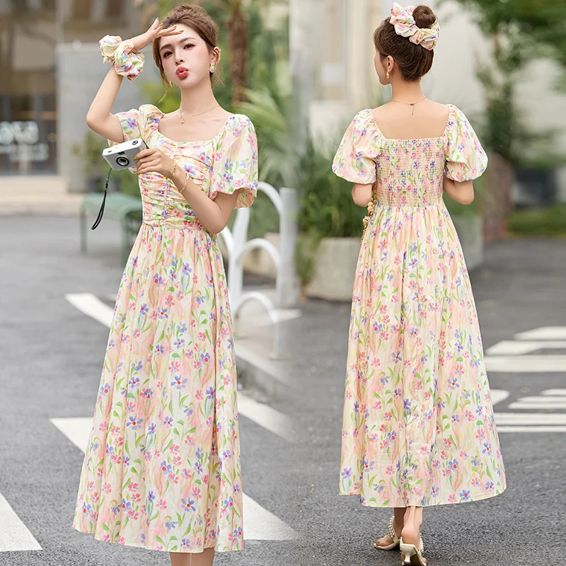 

2026 French Style Cotton Printed Dress Women's Summer Maxi Dresses Elegant Square-collar Puff-sleeve Slim Casual A-line Dresses