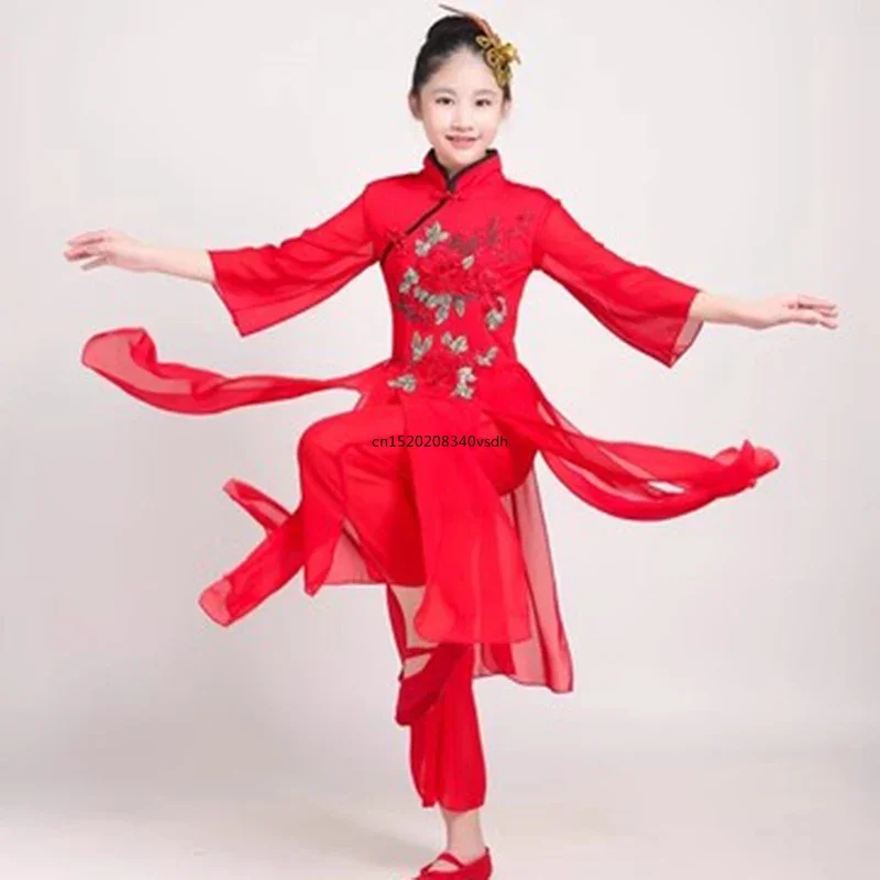 Children hanfu classical  yangko dance stage costumes ink classical dance costumes girls practice clothes fan dance