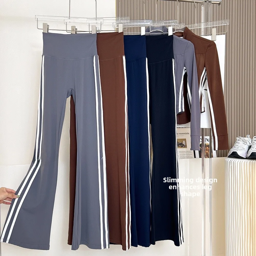 

High Waist Yoga Pants Women's Slimming Trousers Casual Fitn Training Pants Retro Stripes Bell Bot Versatile Sportswear