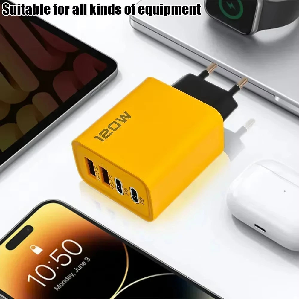 Total 120W 4-Port USB Type C Fast Wall Adapter for Quick Charge Mobile Phone - High-Speed Charging Dock for Phones Tablets
