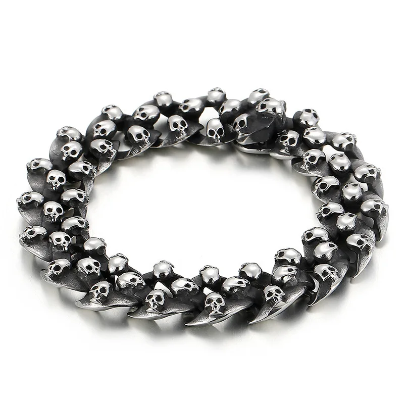 Vintage Men's Thick Stainless Steel Skeleton Skull Chain Bracelet - Blackened Finish Gothic Halloween and Christmas gifts
